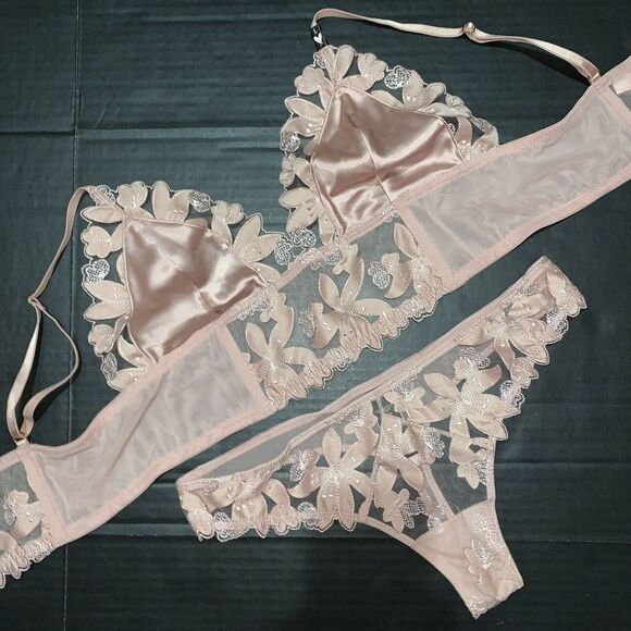 Victoria's Secret longline 36C BRA SET+BRALETTE+ROBE dusty pink taupe APPLIQUE - Picture 2 of 11